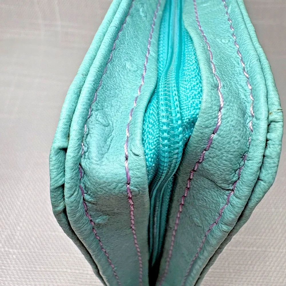 Reed and Barton Faux Ostrich Travel Jewelry Case, Turquoise Blue and Purple Soft